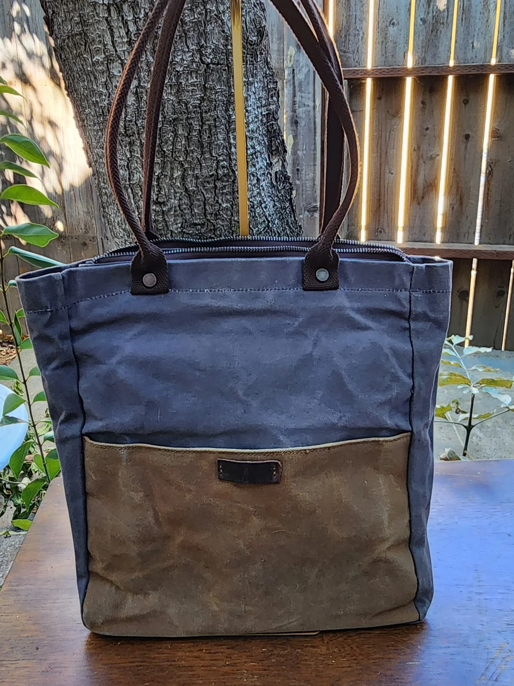 Vintage Waxed Canvas Tote Bag Two Tone Grey Brown Utility Work Shoulder Handbag